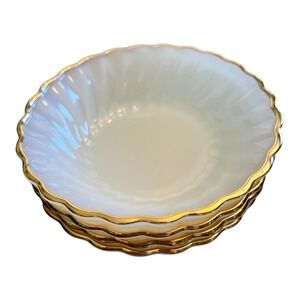 4 - Fire King White Milk Glass Swirl Dessert Bowls‎ Gold Trim Anchor Hocking